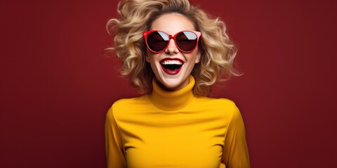 Photo of A woman holding up an empty frame with space for text on maroon background, excited expression, wearing sunglasses and yellow dress.  - obrazy, fototapety, plakaty