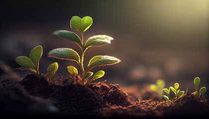 Young plant growing up from soil ground. Planting seed on the farm field. Spring morning sunlight. Generative AI