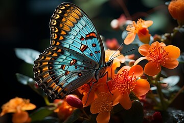 A beautiful butterfly sitting on a bright orange lantana flower and spreading its wings, demonstrating the intricate patterns and beauty of the natural world, Generative AI.