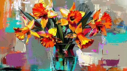   A painting of vibrant orange and yellow flowers in a glass vase against a richly colored background, with a smear of paint on the adjacent wall