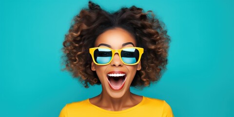 Photo of A woman holding up an empty frame with space for text on teal background, excited expression, wearing sunglasses and yellow dress - obrazy, fototapety, plakaty
