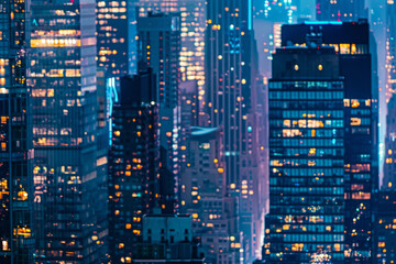 A closeup of skyscrapers in a city during nighttime using a telephoto lens