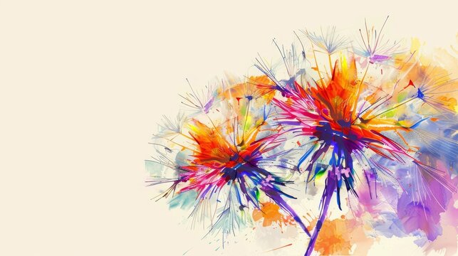   A watercolor painting of a dandelion, adorned with vibrant paint splatters on its petals