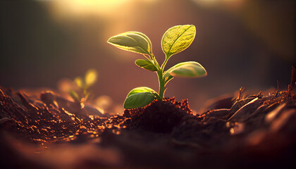 Young plant growing up from soil ground. Planting seed on the farm field. Spring morning sunlight. Generative AI