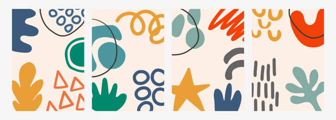 Set of cute backgrounds with various colorful hand drawn abstract shapes for creative graphic design. Vector illustration.