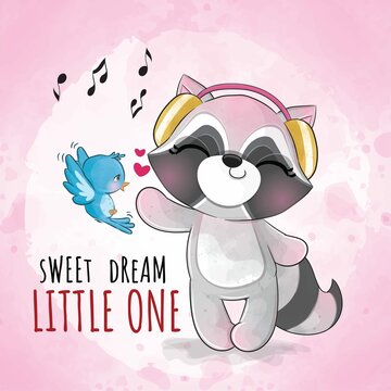Cute Animal Little Raccoon Singing With Bird Illustration Cute Animal Watercolor Panda Character 2