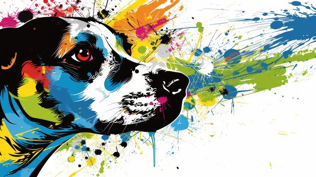   A tight shot of a dog's face, adorned with paint splatters alongside it
