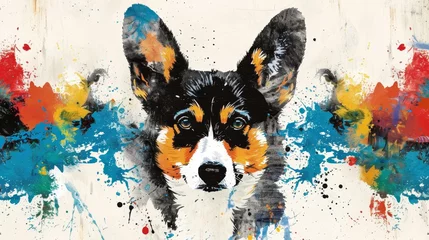 Fotobehang   A painting of a dog's face with multicolored splatters © Shanti