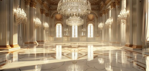 Elegant chandelier dazzles in opulent ballroom with glossy marble flooring.