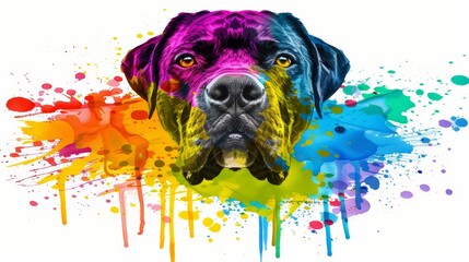   Up-close canine visage adorned with vibrant paint splatters - obrazy, fototapety, plakaty