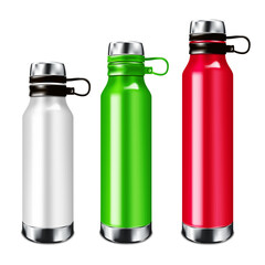 Insulated reusable metal water bottle. Realistic vector mockup set. Stainless steel eco sport flask mock-up. Template for design. Easy to recolor