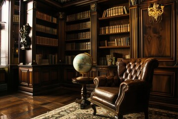 Elegant vintage library with dark wood bookshelves, leather chair and classical globe - obrazy, fototapety, plakaty