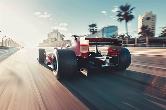 Red formula racing car on the road with blurred background, rear view. World Championship of auto racing