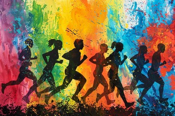 Fototapeta na wymiar Die Silhouetten von Läufern mit bunten Farbklecksen, unterschiedliche Sportler beim Marathon mit farbenfrohen Kleksen