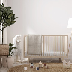 Home interior background, cozy nursery, blank wall, 3D render