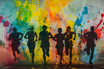 Fototapeta na wymiar Die Silhouetten von Läufern mit bunten Farbklecksen, unterschiedliche Sportler beim Marathon mit farbenfrohen Kleksen