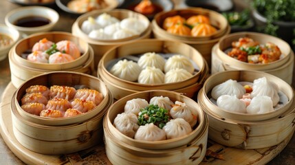 Dim Sum Delights: A steaming bamboo basket filled with an assortment of dim sum dumplings such as siu mai, har gow, char siu bao, and egg custard tarts, served with dipping sauces, showcasing the deli