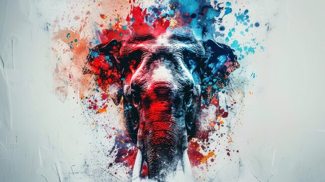   A painting of an elephant with red, white, and blue paint splatters on its face