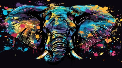   An elephant with colorful paint splatters on its face and tusks adorned with paint