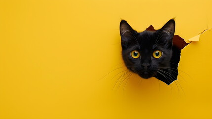 A black cat looks through a torn hole in yellow paper. Peekaboo.Black Friday. Yellow banner with place for text.