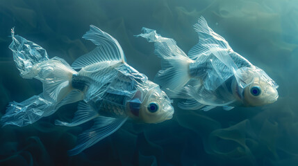 Plastic fish swims in the sea, ecology concept.