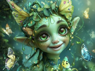 A green fairy with butterfly wings and a green face is smiling at the camera. The fairy is surrounded by butterflies, with some of them flying around her and others resting on her