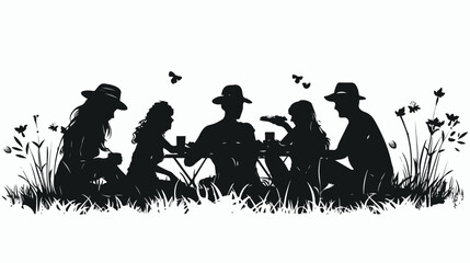 Silhouette of group of friends having picnic in meadow 