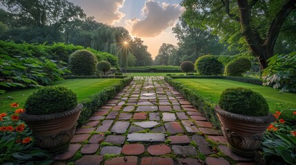 Dutch city garden, tile floor with green grass and surrounding hedges - obrazy, fototapety, plakaty