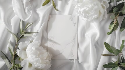 blank wedding cards and white peonies arranged delicately on a marble table, accented by scattered cotton thread and wooden spools for captivating text animation.