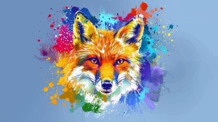   A vibrant fox face painted against a blue backdrop, adorned with a splatter of paint