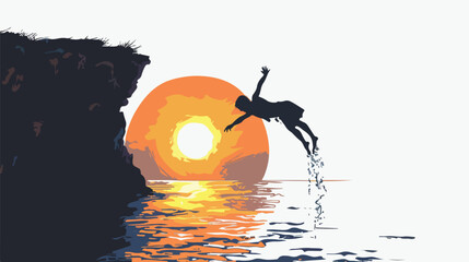 Silhouette of person doing backflip off cliff into th - obrazy, fototapety, plakaty