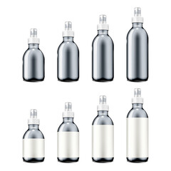 Fine mist spray translucent bottle with clear cap and white blank label. Different capacities. Realistic vector mockup set. Pump spraying container. Mock-up kit for design