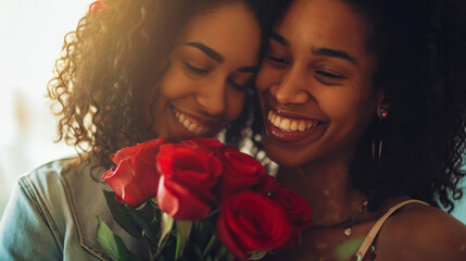 Happy young african american lesbian couple hugging with flowers. Engagement celebration. Pride concept. Generative AI