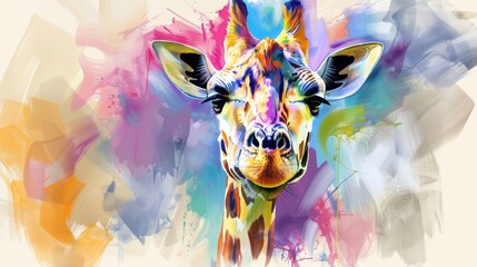   A tight shot of a giraffe's face adorned with vibrant paint splatters