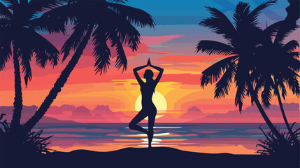 Silhouette of person doing yogon beach at sunrise vector