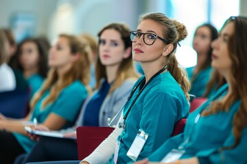 Female doctor as speaker at conference for healtcare workers, medical team sitting and listening presenter. Medical experts attending an education event, seminar in board room. - Powered by Adobe