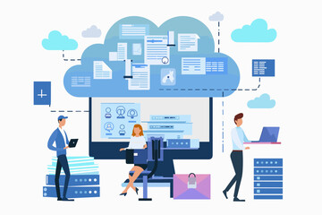 Business team securely uploading and backing up files to cloud server storage, IT administrators and developers ensuring data protection and system security on computer network