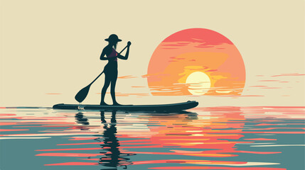 Silhouette of person doing yogon paddleboard at sunrise  - obrazy, fototapety, plakaty