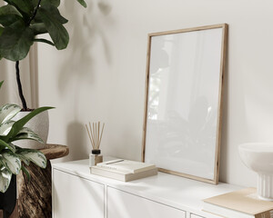 One frame mockup, Home interior background, Room in beige pastel colors, 3d render - obrazy, fototapety, plakaty