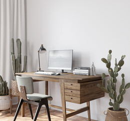The interior of a home workplace or office in a modern style with big cactus.