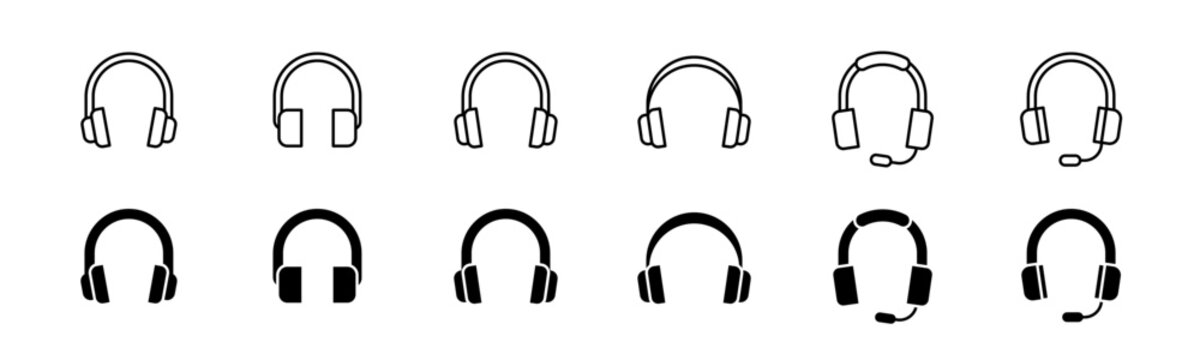 Headphone icon set. Line and glyph earphone set. Support headphone with mic