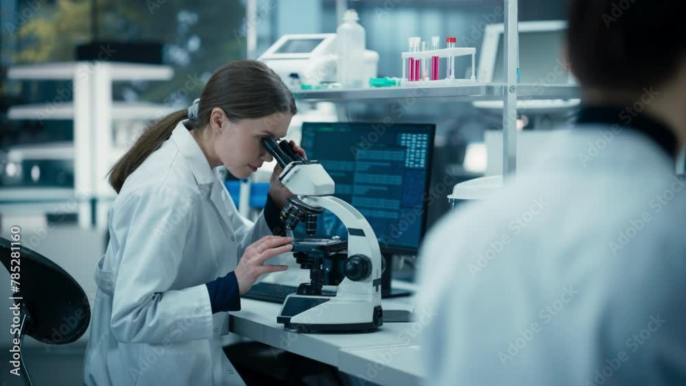 Poster medical research scientist looking at biological samples under a microscope in an applied science la