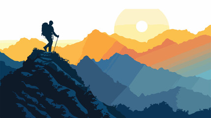 Silhouette of person hiking up steep mountain trail a - obrazy, fototapety, plakaty