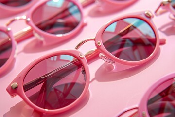 A collection of trendy pink sunglasses arranged on a pink background