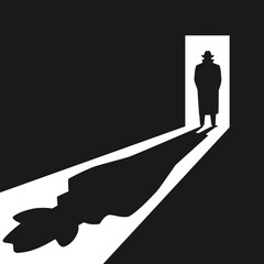 Detective is standing in the open doorway. Detective or spy graphic symbol. Shadow on the floor dark room from the silhouette of a man. Vector illustration