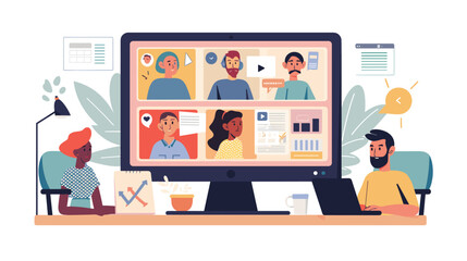 Business team using video conferencing for online learning and collaboration, flat vector illustration of diverse people in virtual meeting, training webinar and remote working concept.