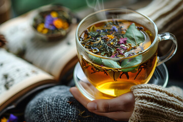 A person sipping herbal tea and enjoying a book, highlighting the mindful aspect of tea consumption as part of a healthy routine - obrazy, fototapety, plakaty