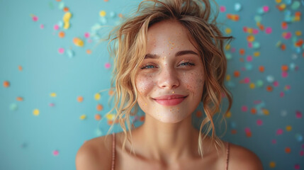 Fototapeta premium Blond woman with layered hair smiles amid falling confetti at a happy event.