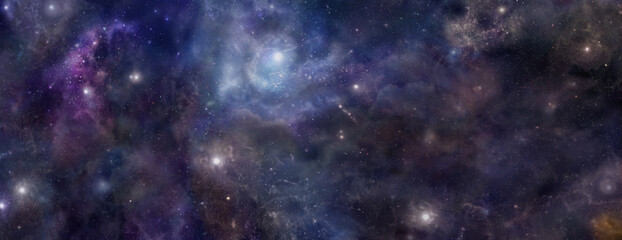 Deep dark outer space panoramic universe background - planets, stars, clouds, and nebula, the heavenly vast unknown up above us