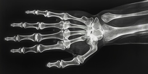 Monochrome X-ray photograph displaying the intricate structure of a hand. Detailed skeletal examination in black and white - obrazy, fototapety, plakaty